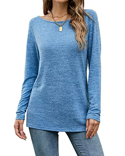 POGTMM Langarmshirts für Damen Longsleeve Pullover Oversize Sweatshirt Oberteil Tops (Blau,XXL) von POGTMM