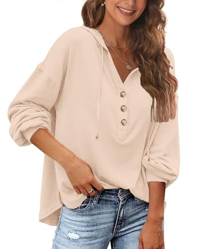 POGTMM Oversize Pullover Damen Lang V-Ausschnitt Sweatshirt mit Kapuze Lose Casual Blusen Tops (Beige,XL) von POGTMM