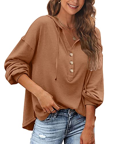 POMTIMCO Pulli Damen Hoodie Langarmhemd V-Ausschnitt Kapuzenpullover einfarbigen Basic Pullover (Khaki,S) von POGTMM