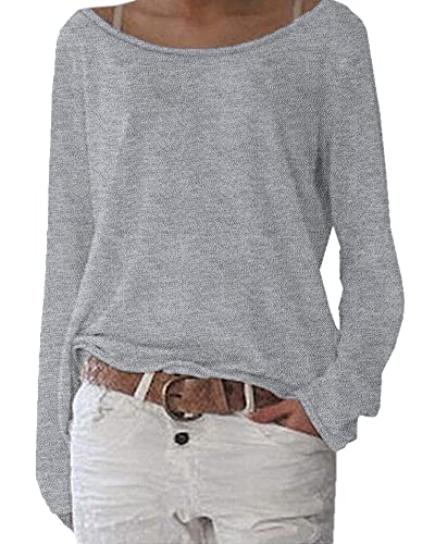 POGTMM Pullover Damen Lang Scoop Neck Longshirt Langarmbluse Oversize Sweatshirts (Grau,XXL) von POGTMM