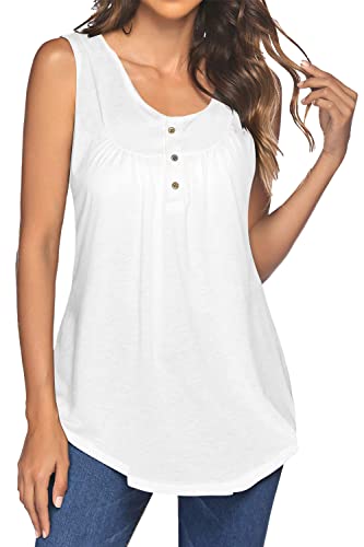 POMTIMCO Damen Oberteile Shirts Elegant Knopfleiste Plissiert Solid Casual Ärmellos Sommer Top Tunika Bluse(L,Weiß) von POGTMM