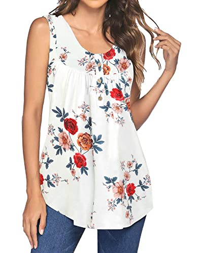 POMTIMCO Damen Sommerbluse Shirt Ärmellose Tunika Tops Locker Blumen Knöpfe Plissee Oberteil Henley (S,Floral 5) von POGTMM