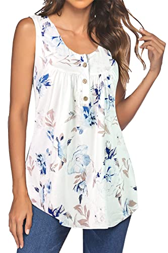 POMTIMCO Damen Sommerbluse Shirt Blumen Knöpfe Plissee Loose Fit Ärmellose Weste Oberteil Henley-Bluse (XL,Floral 1) von POGTMM