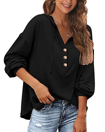 POMTIMCO Frauen Pullover Leichte Langarm Kapuzenpulli V-Ausschnitt Henley Sweatshirt Oberteil (Dunkelschwarz,XXL) von POGTMM