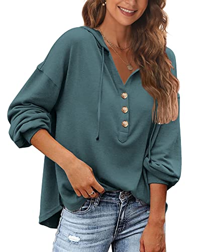 POMTIMCO Langarmshirt Damen Pullover Winter Einfarbigen Sweatshirt Henley Tops Loose Fit Kapuzenpullis (Dunkelgrün,XL) von POGTMM