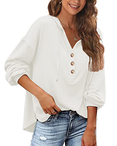 POMTIMCO Oversize Pullover Damen Langarm Lang Kapuzenpullover Knöpfen Herbst Oberteil Henley Shirt (Cremeweiß,M) von POGTMM