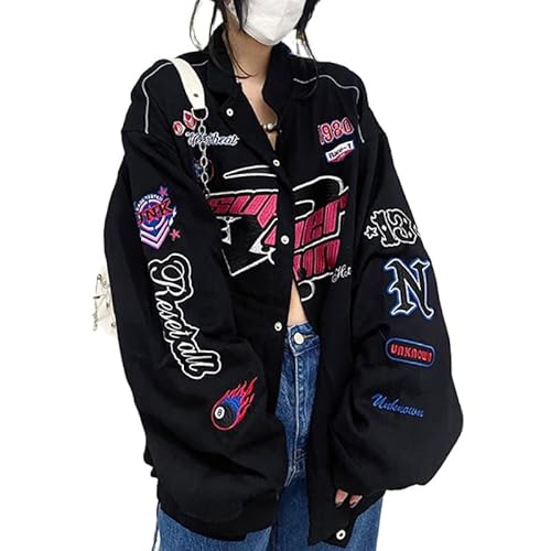POHADON Damen-Bomberjacke mit Knopfleiste, Harajuku, Vintage, College, Baseball, Bomberjacke, Mantel, koreanische Kleidung, Y2K, Streetwear, Schwarz, M von POHADON