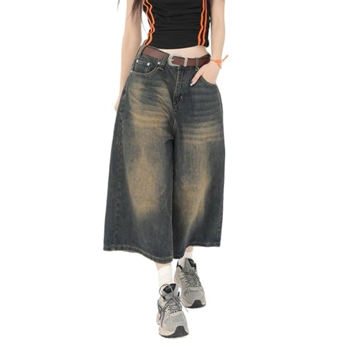 POHADON Damen Y2k Baggy Jorts Vintage Weites Bein Lange Jeans Shorts Loose Fit Capri Denim Shorts Trendy Grunge Vintage Streetwear, Vintage Brown, M von POHADON