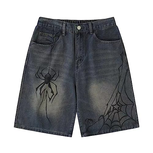 POHADON Y2K Blau Denim Shorts Sommer Casual Loose Straight Leg Unisex Baggy Jeans Shorts Jorts Grunge Harajuku Streetwear, Spinne, Large von POHADON