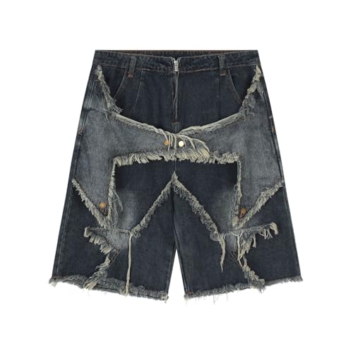 POHADON Y2K Blau Denim Shorts Sommer Casual Loose Straight Leg Unisex Baggy Jeans Shorts Jorts Grunge Harajuku Streetwear, Vintage Quaste, XX-Large von POHADON