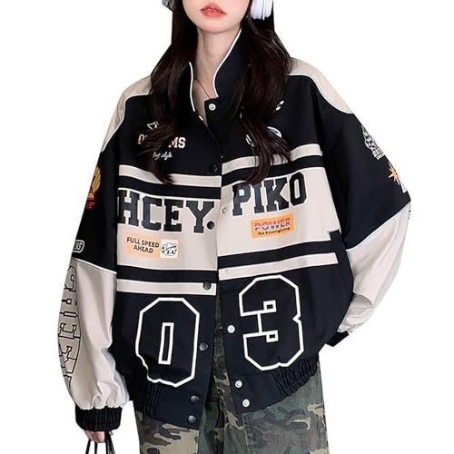 Varsity Jacke für Frauen Patchwork Langarm Racing Bomber Letterman Jacken Farbblock Y2k Vintage Streetwear, Schwarz, M von POHADON