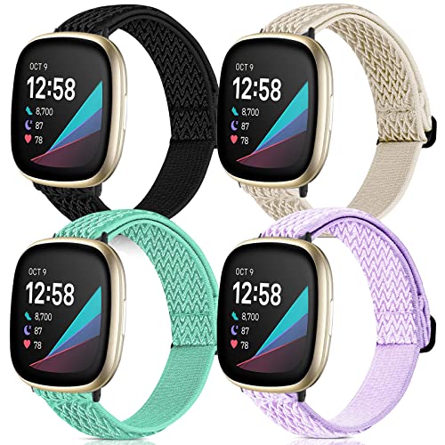 Dehnbare Bänder, kompatibel mit Fitbit Versa 3/Fitbit Versa 4/Fitbit Sense 2/Fitbit Sense Bändern, für Damen und Herren, verstellbar, elastisch, atmungsaktiv, Nylon, Ersatzbänder, 4 Stück von POHNUI