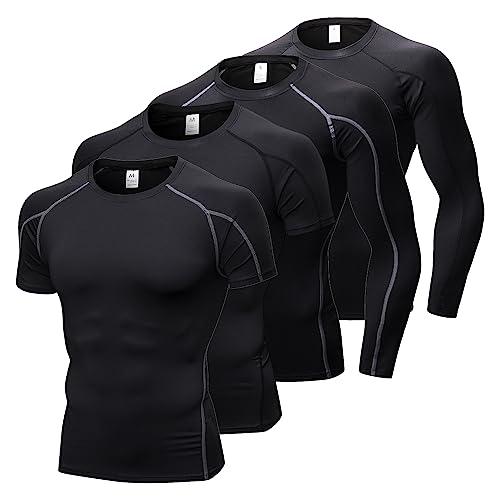 4er-Pack Kompressionsshirts für Herren, lang/kurzärmelig, athletisches Workout-Top, Fitnessstudio, Unterhemden, aktive Sport-Baselayers, 2 B Grau + 2 Schwarz, L von POIHIDE