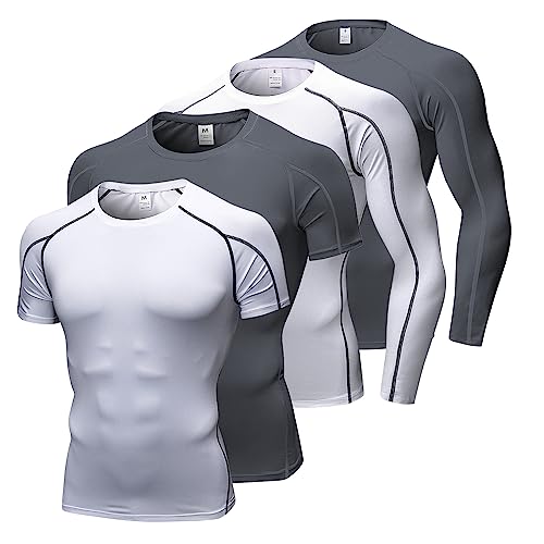 4 Pack Herren Kompressions-Shirts Männer lang/kurze Ärmel Athletic Workout Tops Gym Unterhemden Active Sports Baselayers, 2 Weiß+2 P Grau, L von POIHIDE
