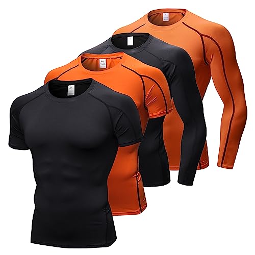 4 Pack Herren Kompressions-Shirts Männer lang/kurze Ärmel Athletic Workout Tops Gym Unterhemden Active Sports Baselayers, 2 schwarz + 2 orange, XX-Large von POIHIDE