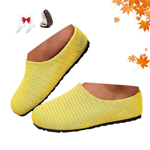 Atmungsaktive Damen-Hausschuhe mit niedrigem Absatz, flache Strick-Mesh-Clogs, bequem, geschlossene Zehenpartie, rückenfrei, Sneaker, weite Passform, gelb, 42.5 EU Atmungsaktive Damen-Hausschuhe mit niedrigem Absatz, flache Strick-Mesh-Clogs, bequem, geschlossene Zehenpartie, rückenfrei, Sneaker, weite Passform, gelb, 42.5 EU von POIOZXD