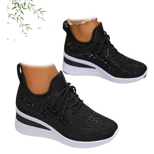 Damen Glitzer Strass Mode Atmungsaktiv Wedge Sneaker Glitzer Sportschuhe Damen Mesh Schnürer Sneaker Slip On Sparkly Walking Schuhe, Schwarz , 42.5 EU Damen Glitzer Strass Mode Atmungsaktiv Wedge Sneaker Glitzer Sportschuhe Damen Mesh Schnürer Sneaker Slip On Sparkly Walking Schuhe, Schwarz , 42.5 EU von POIOZXD