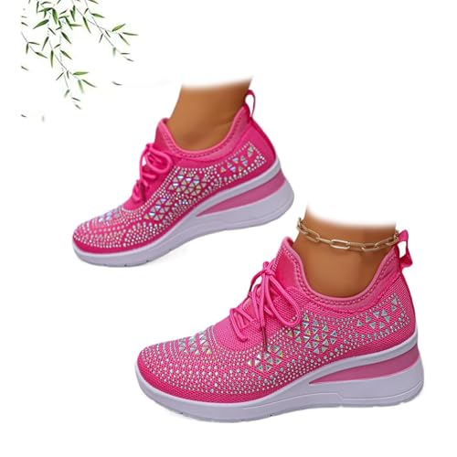 Damen Glitzer Strass Mode Atmungsaktiv Wedge Sneaker Glitzer Sportschuhe Damen Mesh Schnürer Sneaker Slip On Sparkly Walking Schuhe, rosarot, 42.5 EU von POIOZXD