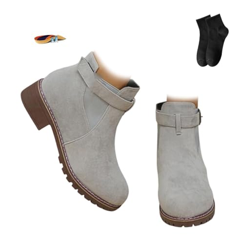 Damen Retro Flache Schnalle Stiefeletten Herbst Winter Wildleder Stiefeletten für Frauen Niedriger Absatz Spitz Zehen Chunky Kurze Booties Casual Bequeme Büro Walking Schuhe, grau, 40 EU von POIOZXD