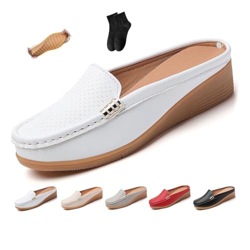 Damen Slip-on Leder Flache Pantoletten Schuhe Bequem Atmungsaktiv Geschlossener Zehenbereich Keilabsatz Rückenfrei Loafers Weite Passform Pantoletten Weiche Echtleder Clogs, weiß, 42.5 EU von POIOZXD