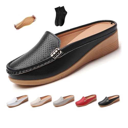 Damen Slip-on Leder Flache Pantoletten Schuhe Bequeme Atmungsaktive Geschlossene Zehen Keil Rückenfrei Loafers Weite Passform Pantoletten Weiche Echtleder Clogs, Schwarz , 42.5 EU von POIOZXD