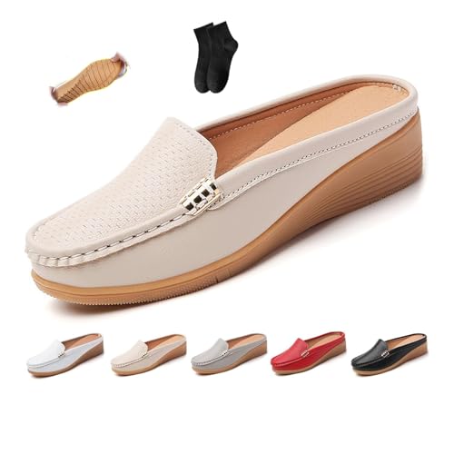 Damen Slip-on Leder Flache Pantoletten Schuhe Bequeme Atmungsaktive Geschlossene Zehen Keil Rückenfrei Loafers Weite Passform Pantoletten Weiche Echtleder Clogs, beige, 42.5 EU von POIOZXD