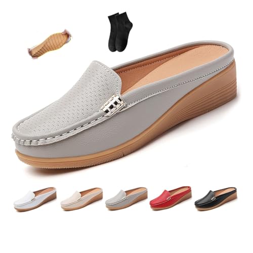 Damen Slip-on Leder Flache Pantoletten Schuhe Bequeme Atmungsaktive Geschlossene Zehen Keil Rückenfrei Loafers Weite Passform Pantoletten Weiche Echtleder Clogs, grau, 42.5 EU Damen Slip-on Leder Flache Pantoletten Schuhe Bequeme Atmungsaktive Geschlossene Zehen Keil Rückenfrei Loafers Weite Passform Pantoletten Weiche Echtleder Clogs, grau, 42.5 EU von POIOZXD