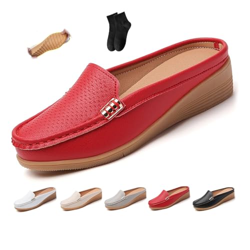 Damen Slip-on Leder Flache Pantoletten Schuhe Bequeme Atmungsaktive Geschlossene Zehen Keil Rückenfrei Loafers Weite Passform Pantoletten Weiche Echtleder Clogs, rot, 42.5 EU Damen Slip-on Leder Flache Pantoletten Schuhe Bequeme Atmungsaktive Geschlossene Zehen Keil Rückenfrei Loafers Weite Passform Pantoletten Weiche Echtleder Clogs, rot, 42.5 EU von POIOZXD
