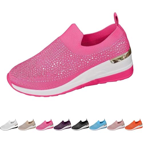 Damen-Sneaker mit Strass-Dekor, Plateau-Sneaker, Keilabsatz, glitzernde Strass-Mesh-Sneaker, atmungsaktiv, glitzernde Schuhe, rosarot, 42.5 EU von POIOZXD