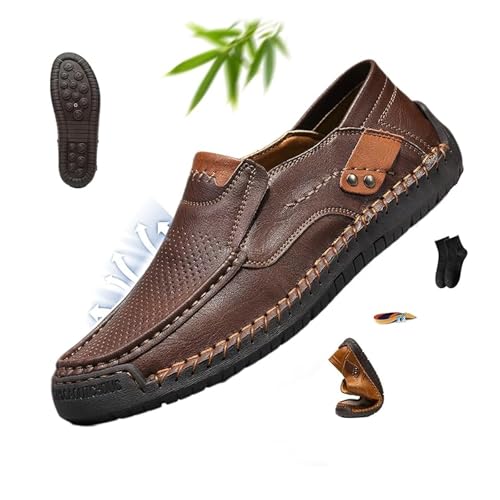 Enjerr Orthopädische Schuhe Herren, Ideacloth Schuhe für Herren, Handgefertigte Echtes Leder Slip-On Loafers Herren Fahrschuh Wasserdicht Walking Mokassins, Braun hohl, 39 2/3 EU von POIOZXD