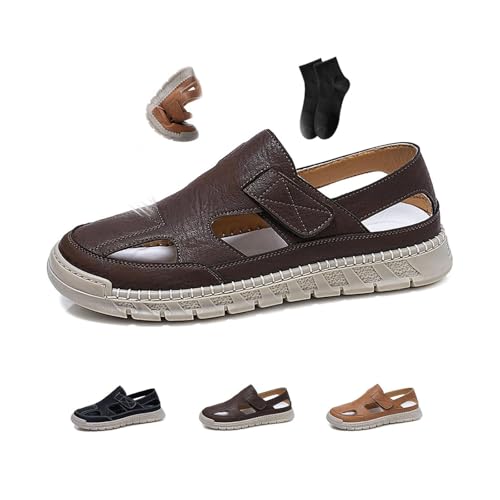 Leder-Sandalen für Herren, geschlossene Zehen, legere Sandalen, leicht, atmungsaktiv, verstellbar, rutschfest, hohl, Wandern, athletische Sandale, Wasser, Strand, Outdoor-Schuhe, braun, 43 EU von POIOZXD