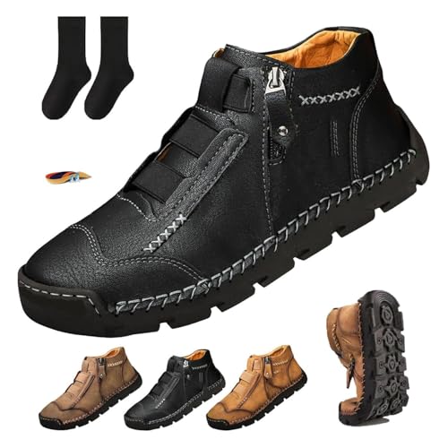 Matufit Schuhe für Herren Leder Wasserdicht rutschfest Mode Orthopädische Schuhe Orthopädische Schuhe für Männer mit seitlichem Reißverschluss Slip On Flats, Schwarz , 37 EU von POIOZXD