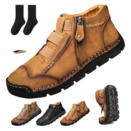 Matufit Schuhe für Herren Leder Wasserdicht rutschfest Mode Orthopädische Schuhe Orthopädische Schuhe für Männer mit seitlichem Reißverschluss Slip On Flats, braun, 38.5 EU von POIOZXD