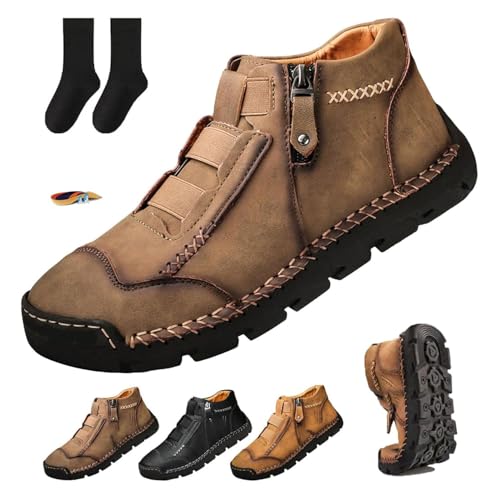 Matufit Schuhe für Herren Leder Wasserdicht rutschfest Mode Orthopädische Schuhe Orthopädische Schuhe für Männer mit seitlichem Reißverschluss Slip On Flats, khaki, 42 EU von POIOZXD