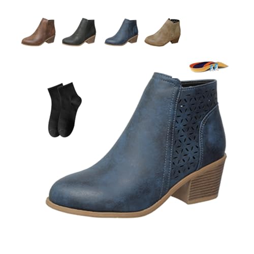 Orthopädische Damen-Stiefeletten mit mittelhohem Absatz, Leder, für Herbst und Winter, niedriger Absatz, spitzer Zehenbereich, Fußgewölbeunterstützung, kurze Booties, seitlicher Reißverschluss von POIOZXD