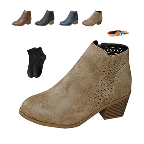 Orthopädische Damen-Stiefeletten mit mittelhohem Absatz, Leder, für Herbst und Winter, niedriger Absatz, spitzer Zehenbereich, Fußgewölbeunterstützung, kurze Booties, seitlicher Reißverschluss von POIOZXD