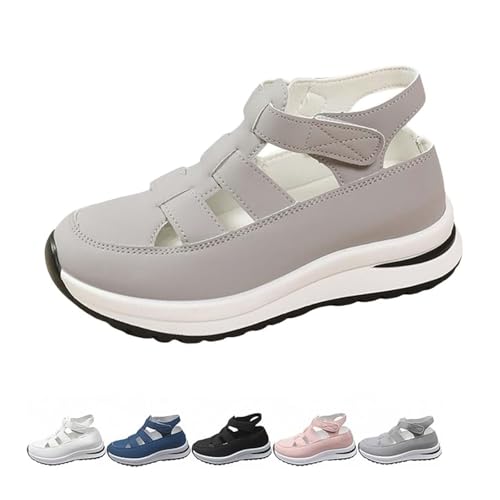 POIOZXD Atmungsaktive Plateau-Sandalen mit Keilabsatz für Damen, weite Passform, geschlossene Zehenpartie, orthopädische Sandalen für Damen, Sommer, verstellbar, Leder, weiße Sandalen für Damen, A15 von POIOZXD