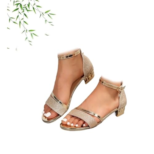 POIOZXD Bequeme rutschfeste Sandalen für Damen, klobige Absätze, Riemchen, glitzernd, Sommer, offener Zehenbereich, lässig, elegant, glitzernde Schuhe, gold, 42.5 EU von POIOZXD