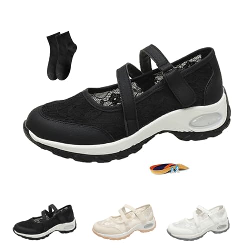 POIOZXD Damen Atmungsaktive Casual Orthopädische Walkingschuhe Frauen Spitze Plattform Luftkissen Walkingschuhe Hohl Atmungsaktiv Mesh Wedge Mary Janes, Schwarz , 42.5 EU von POIOZXD