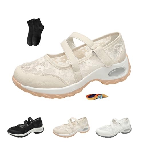 POIOZXD Damen Atmungsaktive Casual Orthopädische Walkingschuhe Frauen Spitze Plattform Luftkissen Walkingschuhe Hohl Atmungsaktiv Mesh Wedge Mary Janes, beige, 42.5 EU von POIOZXD