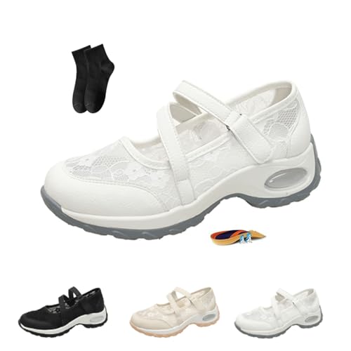 POIOZXD Damen Atmungsaktive Casual Orthopädische Walkingschuhe Frauen Spitze Plattform Luftkissen Walkingschuhe Hohl Atmungsaktiv Mesh Wedge Mary Janes, weiß, 42.5 EU von POIOZXD
