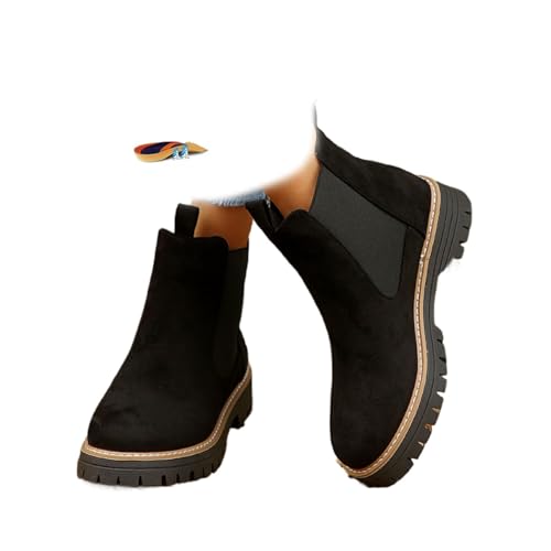 POIOZXD Damen Bequeme einfarbige rutschfeste orthopädische Stiefeletten Frauen Runde Zehen Stiefeletten Wildleder Chunky Heel Boot für Frauen Chelsea Booties, Schwarz , 38 EU von POIOZXD