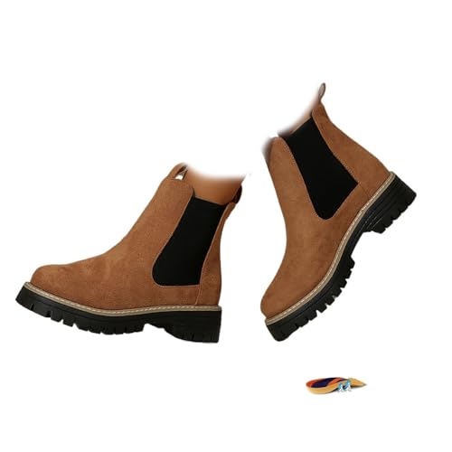 POIOZXD Damen Bequeme einfarbige rutschfeste orthopädische Stiefeletten Frauen Runde Zehen Stiefeletten Wildleder Chunky Heel Boot für Frauen Chelsea Booties, braun, 38 EU von POIOZXD