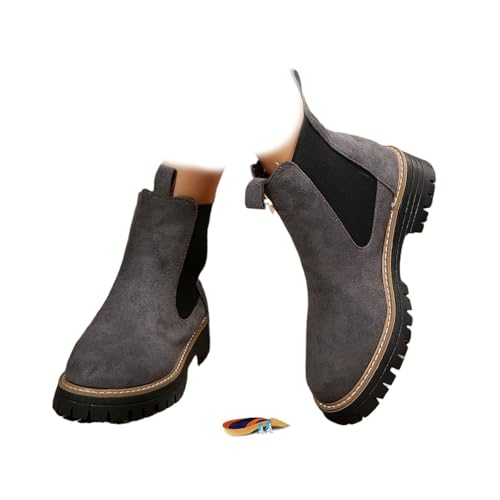 POIOZXD Damen Bequeme einfarbige rutschfeste orthopädische Stiefeletten Frauen Runde Zehen Stiefeletten Wildleder Chunky Heel Boot für Frauen Chelsea Booties, grau, 40 EU von POIOZXD