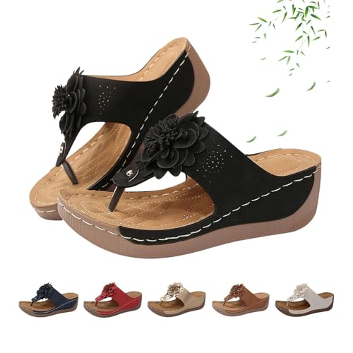 POIOZXD Damen-Flip-Flops mit Keilabsatz, offene Zehenpartie, Blume, orthopädische Sandalen für Damen, Fußgewölbeunterstützung, bequem, elegant, Keil-Flip-Flops, Pantoletten, Schwarz , 42.5 EU von POIOZXD