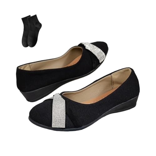 POIOZXD Damen Leichte Mode Strass Keilschuhe Bequeme Frauen Slip On Mary Jane Flats Runde Zehen Schwarz Ballettschuhe Frauen, Schwarz , 36 EU von POIOZXD