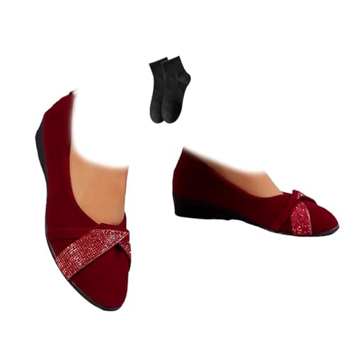 POIOZXD Damen Leichte Mode Strass Keilschuhe Bequeme Frauen Slip On Mary Jane Flats Runde Zehen Schwarz Ballettschuhe Frauen, weinrot, 38.5 EU von POIOZXD