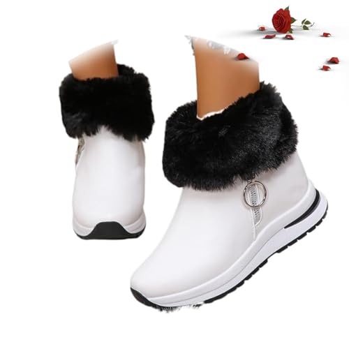 POIOZXD Damen Plüsch Warm Wasserdicht Rutschfest Winter Leder Schneestiefel Orthopädisch Bequem Pelz Gefüttert Seitlicher Reißverschluss Stiefeletten, weiß, 38 EU von POIOZXD
