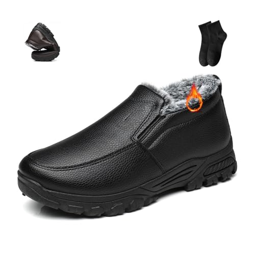 POIOZXD Herren Leder Winterstiefel Wasserdicht Rutschfest Warme Orthopädische Schuhe Rindsleder Wasserdicht Fleece Schneestiefel Schlupfschuhe Männer Winter Booties, Schwarz , 39 EU von POIOZXD