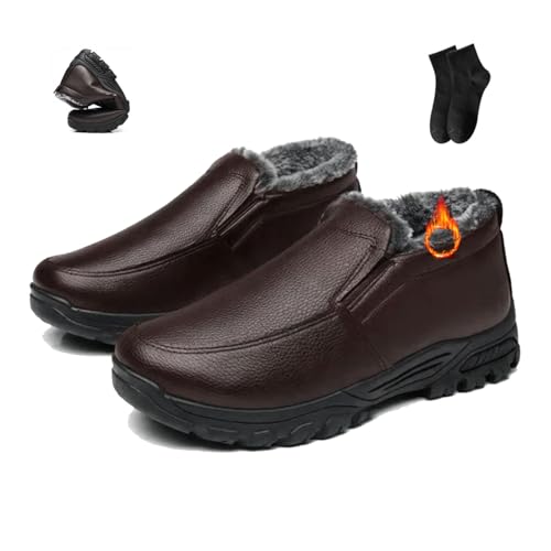 POIOZXD Herren Leder Winterstiefel Wasserdicht Rutschfest Warme Orthopädische Schuhe Rindsleder Wasserdicht Fleece Schneestiefel Schlupfschuhe Männer Winter Booties, braun, 42 EU von POIOZXD